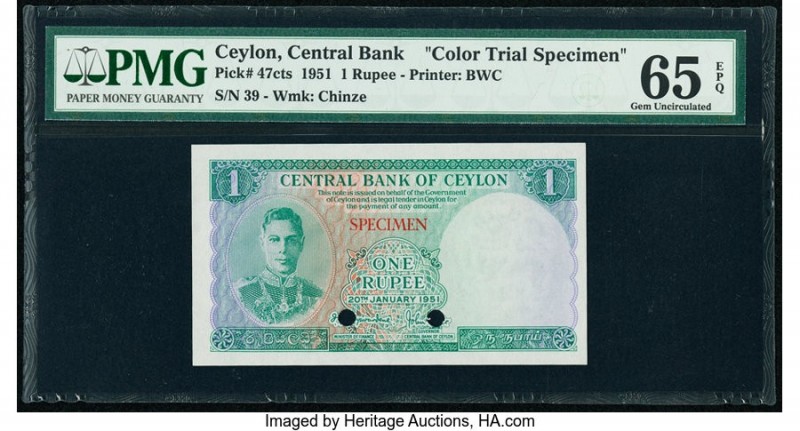 Ceylon Central Bank of Ceylon 1 Rupee 20.1.1951 Pick 47cts Color Trial Specimen ...