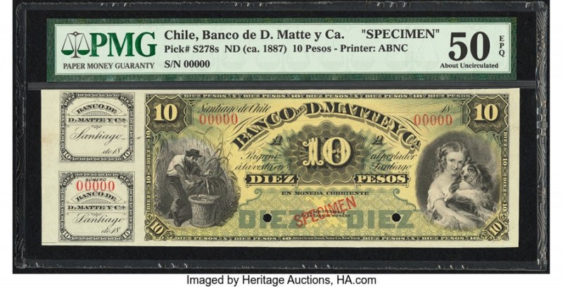 Chile Banco de D. Matte y Ca. 10 Pesos ND (ca. 1887) Pick S278s Specimen PMG Abo...