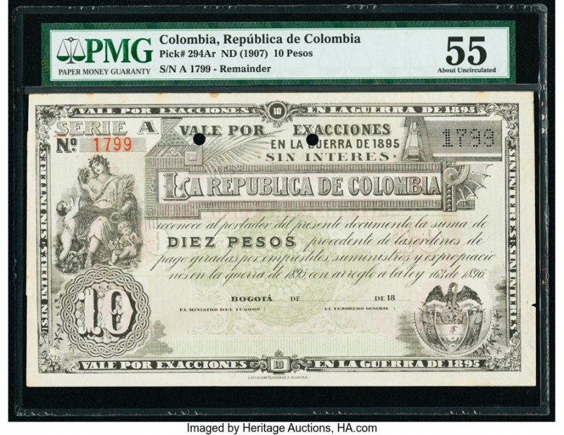 Colombia Republica de Colombia 10 Pesos ND (1907) Pick 294Ar Remainder PMG About...