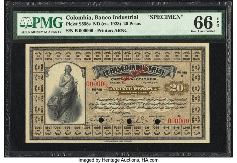 Colombia Banco Industrial 20 Pesos ND (ca. 1923) Pick S558s Specimen PMG Gem Unc...