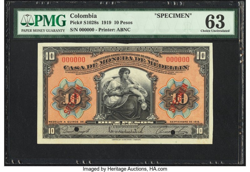 Colombia Casa de Moneda de Medellin 10 Pesos 9.1919 Pick S1028s Specimen PMG Cho...