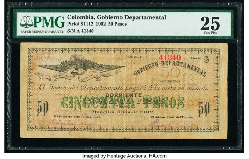 Colombia Gobierno Departamental 50 Pesos 1902-03 Pick S1112 PMG Very Fine 25. Mo...