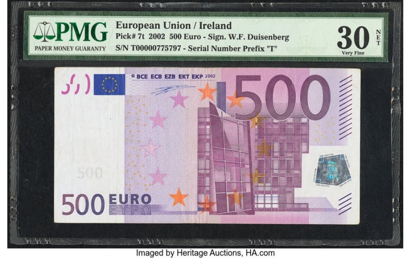 European Union Ireland 500 Euro 2002 Pick 7t PMG Very Fine 30 Net. The rarest of...