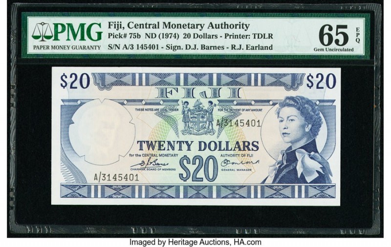 Fiji Central Monetary Authority 20 Dollars ND (1974) Pick 75b PMG Gem Uncirculat...