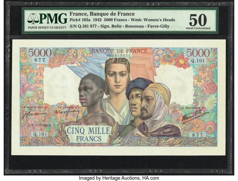 France Banque de France 5000 Francs 8.10.1942 Pick 103a PMG About Uncirculated 5...