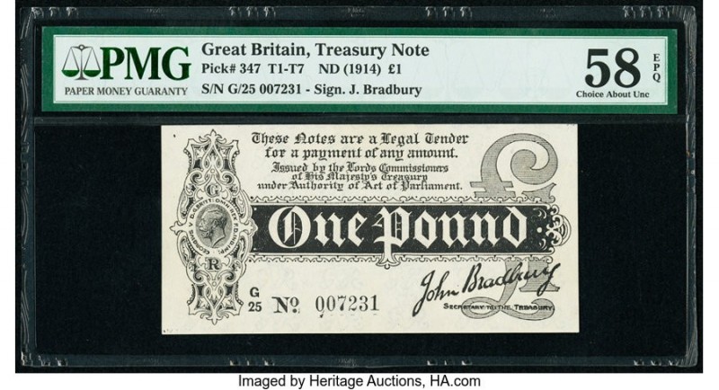 Great Britain Treasury Note 1 Pound ND (1914) Pick 347 T3.3 PMG Choice About Unc...