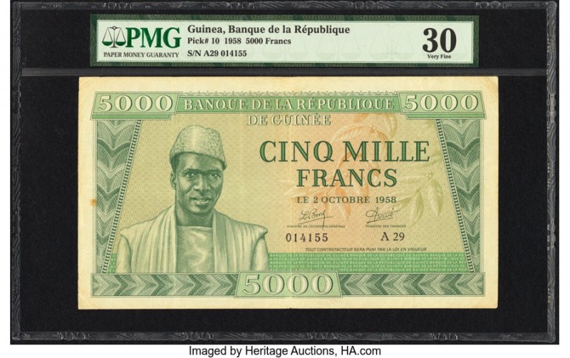 Guinea Banque de la Republique de Guinee 5000 Francs 2.10.1958 Pick 10 PMG Very ...