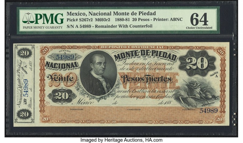 Mexico Nacional Monte de Piedad 20 Pesos 1880-81 Pick S267r2 s M693r2 Remainder ...