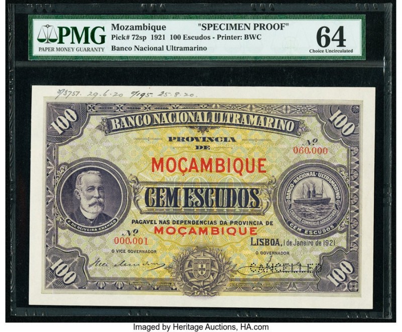 Mozambique Banco Nacional Ultramarino 100 Escudos 1.1.1921 Pick 72sp Specimen Pr...