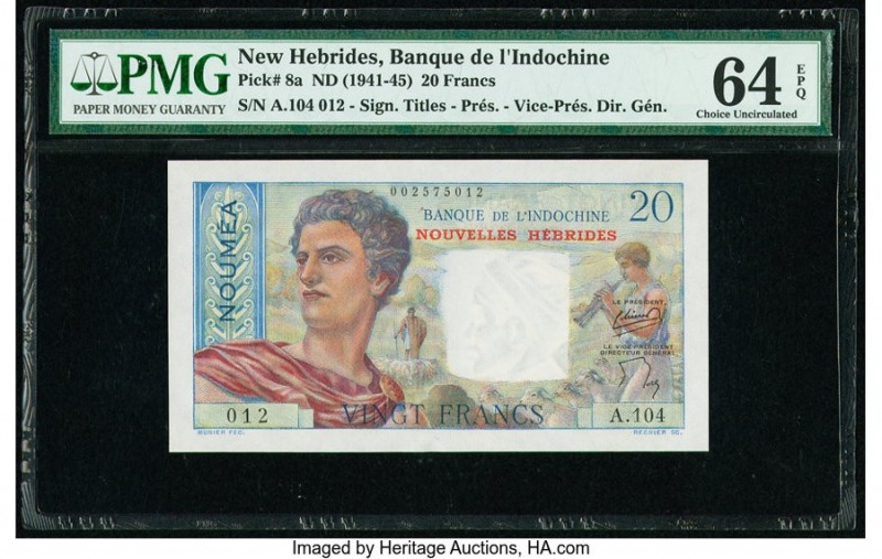 New Hebrides Banque De L'Indochine 20 Francs ND (1941-45) Pick 8a PMG Choice Unc...