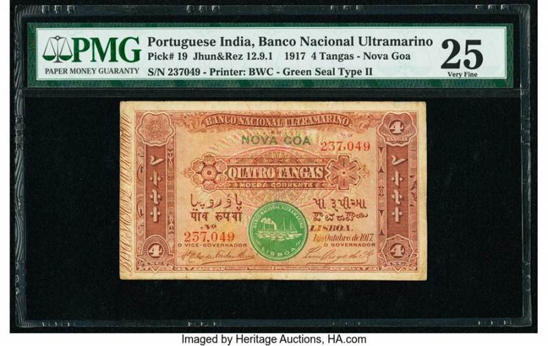 Portuguese India Banco Nacional Ultramarino 4 Tangas 1.10.1917 Pick 19 PMG Very ...