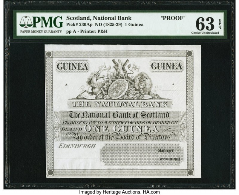 Scotland National Bank of Scotland 1 Guinea 1825-29 Pick 230Ap Uniface Proof PMG...