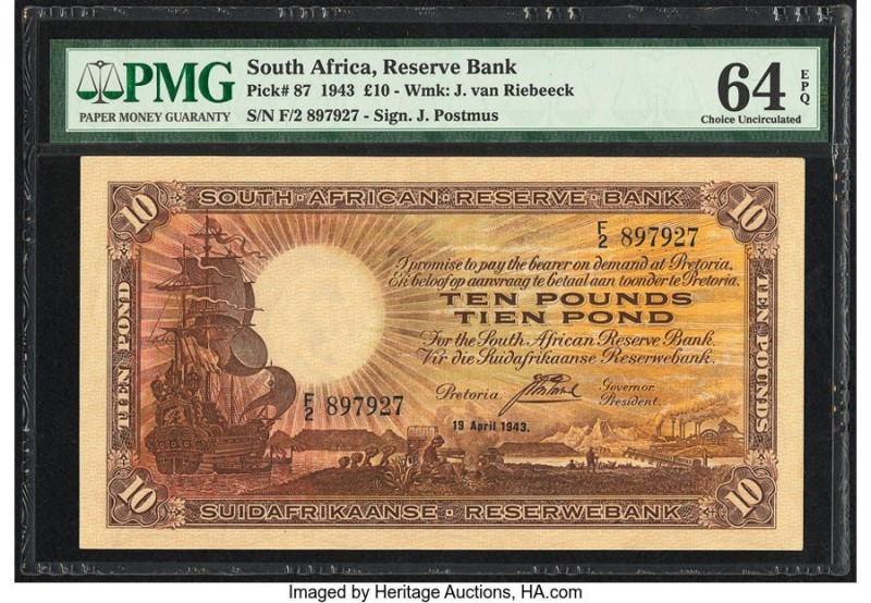 South Africa South African Reserve Bank 10 Pounds 19.4.1943 Pick 87 PMG Choice U...