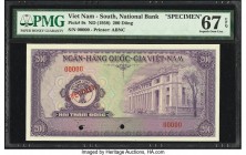 South Vietnam National Bank of Viet Nam 200 Dong ND (1958) Pick 9s Specimen PMG Superb Gem Unc 67 EPQ. A composition of impressive inks and guilloche ...