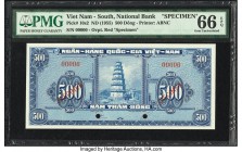 South Vietnam National Bank of Viet Nam 500 Dong ND (1955) Pick 10s2 Specimen PMG Gem Uncirculated 66 EPQ. Bold blue and orange inks were chosen to cr...