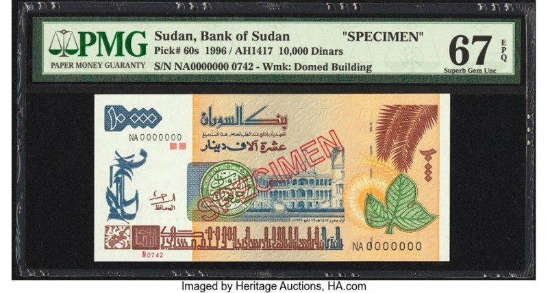 Sudan Bank of Sudan 10,000 Dinars 1996 Pick 60s Specimen PMG Superb Gem Unc 67 E...