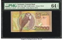 Suriname Centrale Bank van Surname 25,000 Gulden 2000 Pick 154a PMG Choice Uncirculated 64 EPQ. A pleasing example enhanced by an owl depicted on the ...