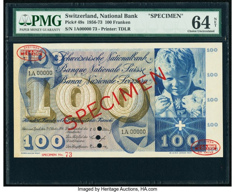 Switzerland National Bank 100 Franken 1956-73 Pick 49s Specimen PMG Choice Uncir...