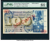 Switzerland National Bank 100 Franken 1956-73 Pick 49s Specimen PMG Choice Uncirculated 64 Net. This denomination of this Swiss issue contains some of...