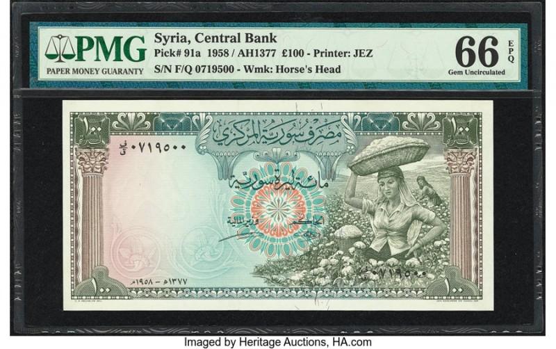 Syria Central Bank of Syria 100 Pounds 1958 Pick 91a PMG Gem Uncirculated 66 EPQ...