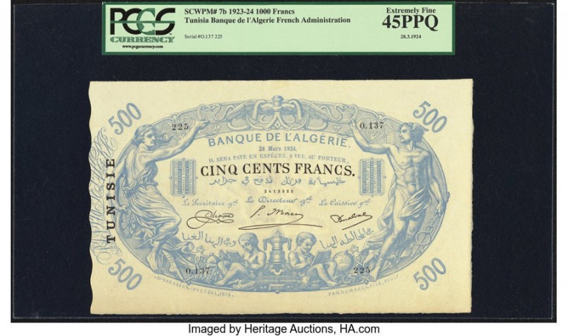 Tunisia Banque de l'Algerie 1000 Francs 28.3.1924 Pick 7b PCGS Extremely Fine 45...