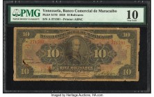 Venezuela Banco Comercial de Maracaibo 10 Bolivares 1929 Pick S176 PMG Very Good 10. An early 1920s example that is rarely seen in issued form. Simila...