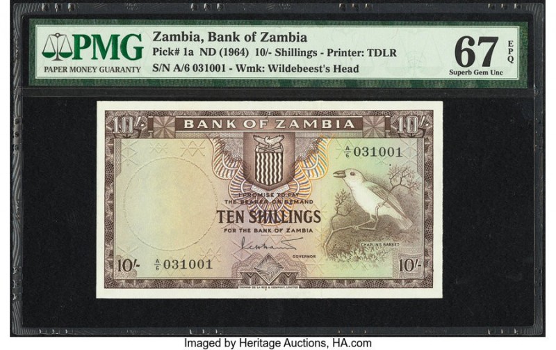 Zambia Bank of Zambia 10 Shillings ND (1964) Pick 1a PMG Superb Gem Unc 67 EPQ. ...