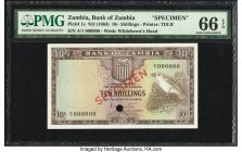 Zambia Bank of Zambia 10 Shillings ND (1964) Pick 1s Specimen PMG Gem Uncirculated 66 EPQ. A lovely vignette of the Chaplin's Barbet bird graces the f...