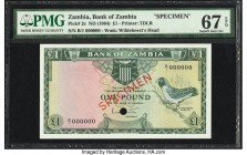 Zambia Bank of Zambia 1 Pound ND (1964) Pick 2s Specimen PMG Superb Gem Unc 67 EPQ. This gorgeous example shares the finest grade with two others in t...