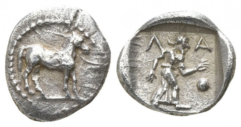 Thessaly. Larissa 460-400 BC.
Obol AR

12mm., 1,06g.

Horse standing right ...