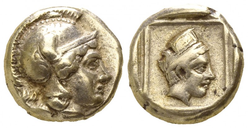 Lesbos. Mytilene 412-378 BC.
Hekte EL

10mm., 2,57g.

Head of Athena right,...