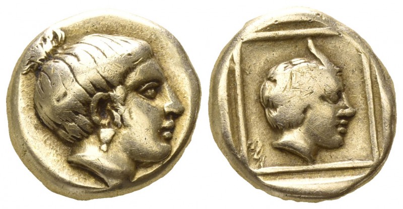 Lesbos. Mytilene 380-340 BC.
Hekte EL

11mm., 2,50g.

Head of nymph facing ...