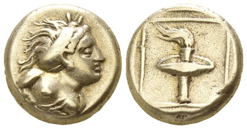 Lesbos. Mytilene circa 340 BC.
Hekte EL

11mm., 2,51g.

Bust of dancing mae...