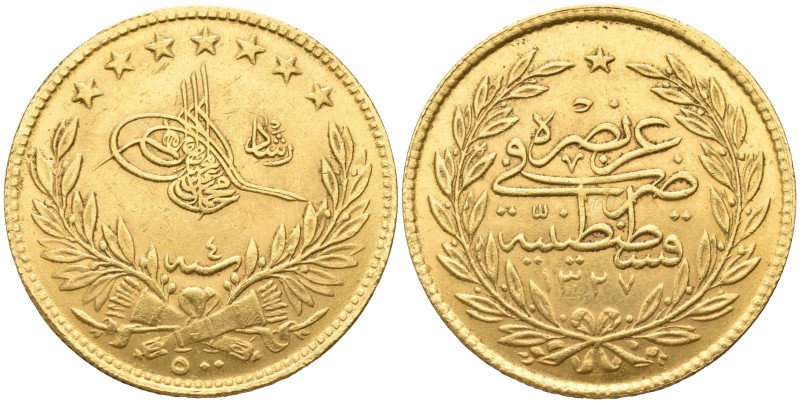 Mehmed V Rashad AD 1909-1918. Ottoman
500 Piaster AV

35mm., 35,82g.

islam...