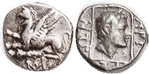 ABDERA , Tetrobol, 311-280 BC, Griffin left on club, monogram below/Apollo head ...