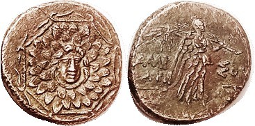 Æ22, c. 100 BC, Facg Gorgon head in aegis/Nike adv r, S3642; AEF/VF, orichalcum ...
