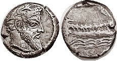 ARADOS , Ar 1/3 Stater or Tetrobol, 348-338 BC, Hd of bearded deity r/galley abo...