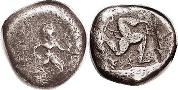 ASPENDOS , Stater, 465-430 BC, Warrior adv rt with spear & shield/triskeles in i...