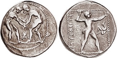 Stater, c. 380-325 BC, Two naked wrestlers, AI betw/ Slinger rt, triskeles in fi...