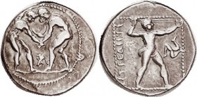 Stater, c. 380-325 BC, Two naked wrestlers, AI betw/ Slinger rt, triskeles in field; VF, obv somewhat off-ctr but complete, rev well centered; well st...