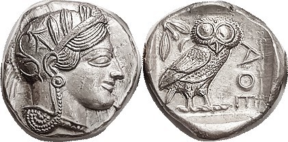 Tet, 449-413 BC, Athena head r/owl stg r, S2526; Virtually Mint State & choice, ...