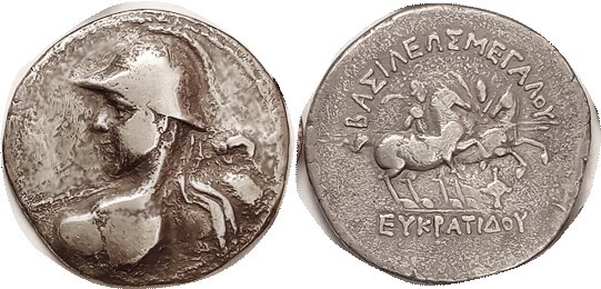 BAKTRIA , Eukratides I, Tet, Heroic bust l., in helmet, thrusting spear/Dioscuri...