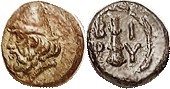 BIRYTIS , Æ10, c. 300 BC, Head of Kabeiros l, wearing dunce cap/Club, BI-PY in w...