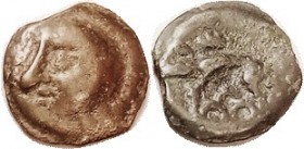 CELTIC , GAUL, Leuci, cast Potin, 18 mm, 1st cent BC, Head l./boar stg l, below pile of 3 rocks ("mountains"?); at least F-VF for this, nrly centered,...