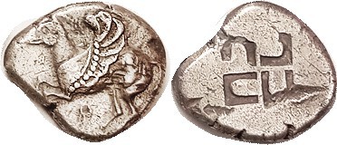CORINTH, Stater, 555-515 BC, Pegasos with curled wing l./incuse swastika pattern...