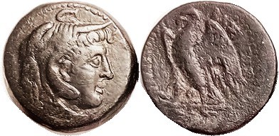 EGYPT , Ptolemy I, 305-283 BC, Æ22, Alexander head in elephant scalp r/Eagle stg...