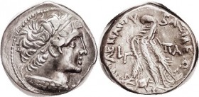 Ptolemy XII, Tet, Ptolemy I head r/Eagle l, L-Gamma-Pi-A; VF, obv a touch off-ctr but full uncrowded head in good style, nice metal with lt tone. Plea...