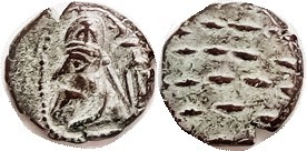 Orodes I, Æ Drachm, GIC-5896, Bust l., anchor/dashes; VF, hilighted green patina...