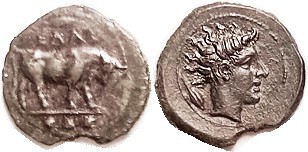 GELA, Æ18, 420-405 BC, Trias, Bull stg r, 3 pellets below/River God Gelas head r...