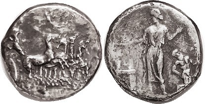 HIMERA, Tet, 409-407 BC, Quadriga r, Nike above/Nymph Himera stg l, at altar, Sa...